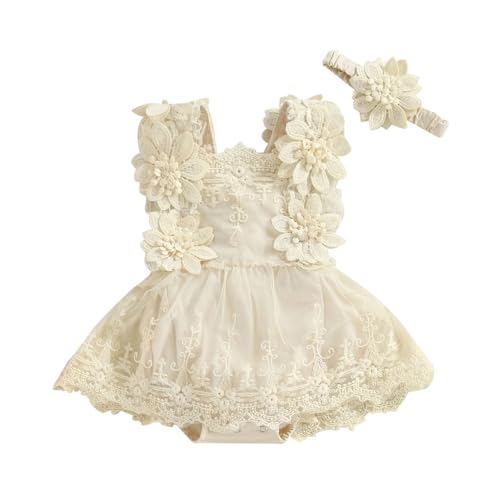 HEOXIN Neugeborenes Baby Mädchen Strampler Kleid, Kleinkind Spitze Blume Stickerei Tutu Taufkleid, ärmellos A-Linie Prinzessin Kleid mit Blume Stirnband Bodysuit für 3-6 Monate, Beige von HEOXIN