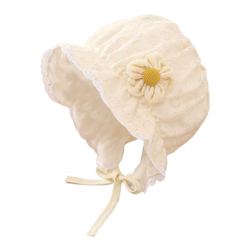 HEOXIN Säugling Baby Mädchen Spitze Sonnenhut, Kleinkind Sommer Strand Sonnenhut mit Blumendekoration, Prinzessin Ohrenschutz Bonnet Cap mit Verstellbarem Kinnriemen für 1-12 Monate, Gelb von HEOXIN