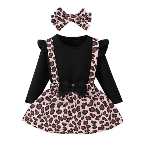 HEOXIN Säugling Baby Mädchen Strampler + Leopard Print Rock + Stirnbänder 3PCS Set, Neugeborenes Bow Suspender Kleid, Ruffle Tops und Bowknot Stirnbänder für Kleinkind 2 Jahre- 3 Jahre, Schwarz von HEOXIN