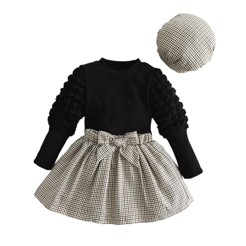 HEOXIN Toddler Baby Mädchen Plaid Kleid, Mini Rock + Tops + Tartan Hut 3PCS Set, A Line Prinzessin Kleid mit Niedlichen Bowknot, Puff Sleeve Tops und Hut für Kinder Kleinkind 3-4 Jahre, Schwarz von HEOXIN