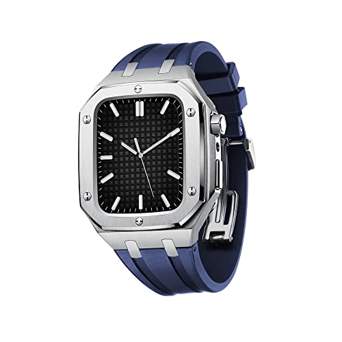 HEPUP Für Apple Watch Band 45 mm 44 mm Herren Damen Metall Schutzhülle Vollständige Abdeckung Schutzhülle mit Silikonband Stoßfest Bumper (Farbe: Silber Blau, Größe: 44 mm für 6/5/4/SE) von HEPUP