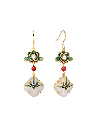 HEPVET Klassische gemalte Emaille Ohrringe Orientalische Handwerk Gold Antike Jade Ohrringe Weiß Lotus Quasten von HEPVET