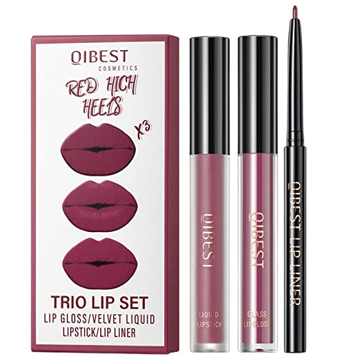 Lippenstift mit Lip Liner Set - Lipgloss und Lip Liner Pen Makeup Kit - 1 Lip Liner, 1 Matte Lip Glaze, 1 Lip Gloss, Antihaftbecher, Langanhaltendes Make-up-Geschenk für Frauen, Ganzjähriges Hepvet von HEPVET