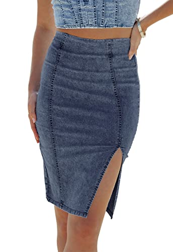 HERBATOMIA Damen Denim Bleistiftrock Hohe Taille Knielang Seite Split Hem Stretch Jeans Röcke für Frauen, Dunkelblau, Groß von HERBATOMIA