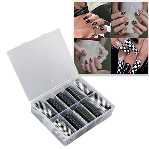 10 Rollen Mädchen Nail Art Sticker, Schwarz Weiß Kariert Nail Art Sticker Decals Fingernägel Designs DIY Nageldekoration Für Zuhause Und Nagelstudio, Mit Box von HERCHR