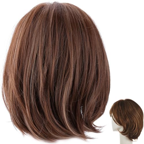 Frauen Kurze Perücke, Kurze braune gerade synthetische Haare hitzebeständig schulterlanges Highlight Bob Haar Perücken kurze stilvolle Kurz Schicht Perücke leichte Seitenpony für Frauen Mädchen von HERCHR