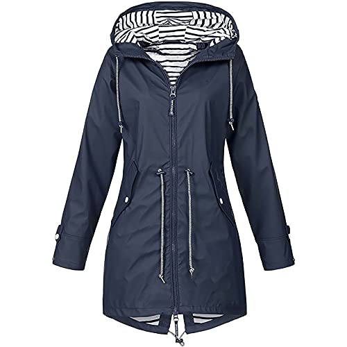 Regenjacke für Damen, wasserdicht, leicht, winddicht, mit Kapuze im Freien, Packbar Gr. 54, C-Marineblau von HEREEQ