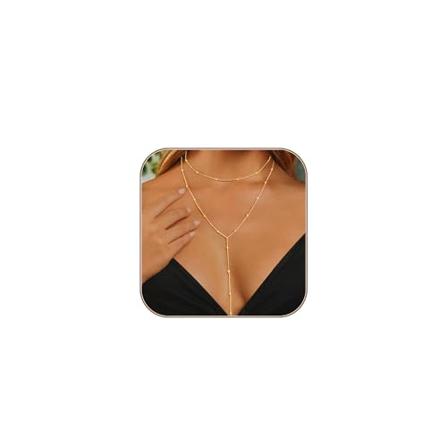 HERIER Lariat Gold-Halskette für Damen, zierliche lange Halskette, 14 Karat vergoldet/Silber, Y-förmig, geschichtete Perlenkette, Tropfenhalsketten für Frauen, trendiger, schlichter Goldschmuck für HERIER Lariat Gold-Halskette für Damen, zierliche lange Halskette, 14 Karat vergoldet/Silber, Y-förmig, geschichtete Perlenkette, Tropfenhalsketten für Frauen, trendiger, schlichter Goldschmuck für von HERIER