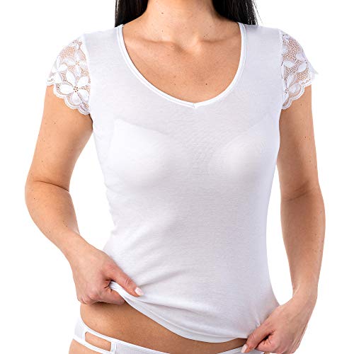 HERMKO 1788030 Damen Shirt V-Ausschnitt + kurzen Spitzen-Ärmeln, Farbe:weiß, Größe:40/42 (M) von HERMKO