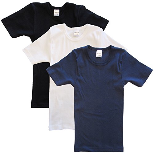 HERMKO 2810 3er Pack Kinder Kurzarm Unterhemd für Mädchen + Jungen aus Bio-Baumwolle, Farbe:Mix w/s/m, Größe:104 von HERMKO