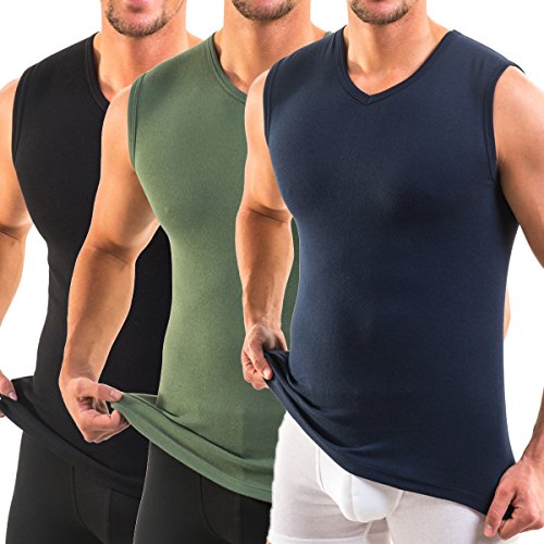 HERMKO 3050 3er Pack Herren Muskelshirt V-Ausschnitt (Weitere Farben) aus 100% Bio-Baumwolle, Größe:D 4 = EU S, Farbe:Mix s/m/o von HERMKO