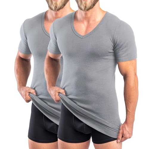 HERMKO 488710 2er Pack Extralanges Herren Kurzarm Shirt +6cm V-Neck mit Bund als Abschluss, 100% Bio-Baumwolle, Größe:D 8 = EU XXL, Farbe:grau von HERMKO