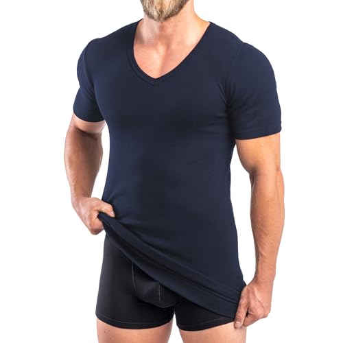 HERMKO 488710 Extralanges Herren Kurzarm Shirt +6 cm V-Neck mit Bund als Abschluss aus 100% Bio-Baumwolle, Größe:D 6 = EU L, Farbe:Marine von HERMKO