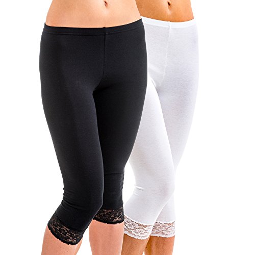 HERMKO 5722 2er Pack Damen 3/4-Leggings mit Spitze, Farbe:weiß/schwarz, Größe:40/42 (M) von HERMKO