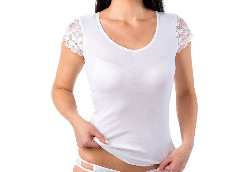 HERMKO Unterziehshirt 1788030 Damen Shirt V-Ausschnitt + kurzen Spitzen-Ärmeln von HERMKO
