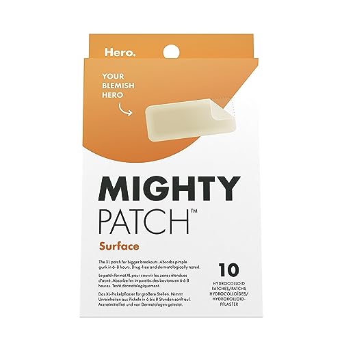 Mighty Patch Surface Pickel-Patches von Hero Cosmetics, XL-Hydrokolloid-Pflaster, Aknebehandlung für Tag & Nacht, Gesicht- & Körper-Pickel-Patches - 10 große Pickel Pflaster für größere Stellen von HERO COSMETICS