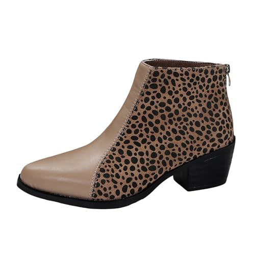 HERSIL Damen-Knöchelstiefel im britischen Stil, Leopardenmuster, Patchwork, spitzer Rücken, Reißverschluss, dicker Absatz, kurze Stiefeletten Stiefeletten Damen 41 (Khaki, 39) von HERSIL