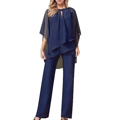 HERSIL Elegant Hosenanzug Damen Sommer Zweiteiler TüLl Abendanzug Sets Cocktail Party Festlich Hosenanzug Zweiteiler Chiffon Shirt Und Hohe Taille Hosenanzug Vintage 2-Teiliges Set (Navy #1, XL) von HERSIL