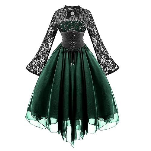 HERSIL Gothic Kleidung Damen Halloween Vintage Gothic Kleid für Frauen Kurzarm/Langarm Spitzenkleid Korsetts Sexy Mesh Party Cocktailkleider Steampunk Kleid Tüllkleid von HERSIL