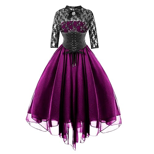 HERSIL Gothic Kleidung Damen Halloween Vintage Gothic Kleid für Frauen Kurzarm/Langarm Spitzenkleid Korsetts Sexy Mesh Party Cocktailkleider Steampunk Kleid Tüllkleid von HERSIL