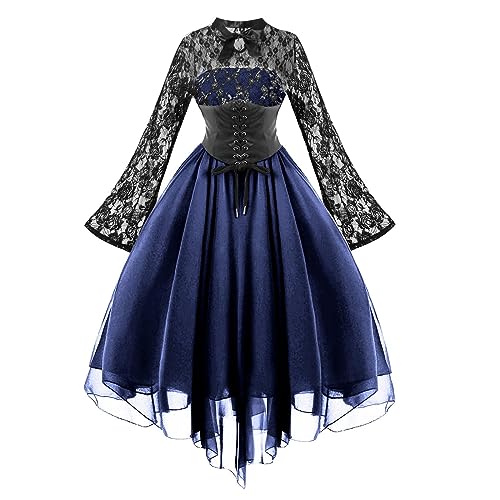 HERSIL Gothic Kleidung Damen Halloween Vintage Gothic Kleid für Frauen Kurzarm/Langarm Spitzenkleid Korsetts Sexy Mesh Party Cocktailkleider Steampunk Kleid Tüllkleid von HERSIL