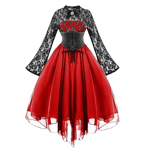 HERSIL Gothic Kleidung Damen Halloween Vintage Gothic Kleid für Frauen Kurzarm/Langarm Spitzenkleid Korsetts Sexy Mesh Party Cocktailkleider Steampunk Kleid Tüllkleid von HERSIL