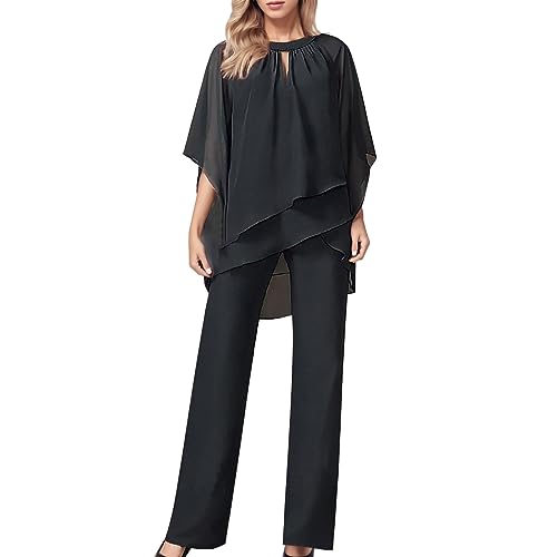 HERSIL Hosenanzug Damen TüLl Abendanzug Sets Damen Sommer Elegant Zweiteilig Hemd Und Hohe Taille Anzug Set Solide Kurzarm UnregelmäßIg Set Cocktail Party Festlich Hosenanzug Vintage (Black-A, XXL) von HERSIL