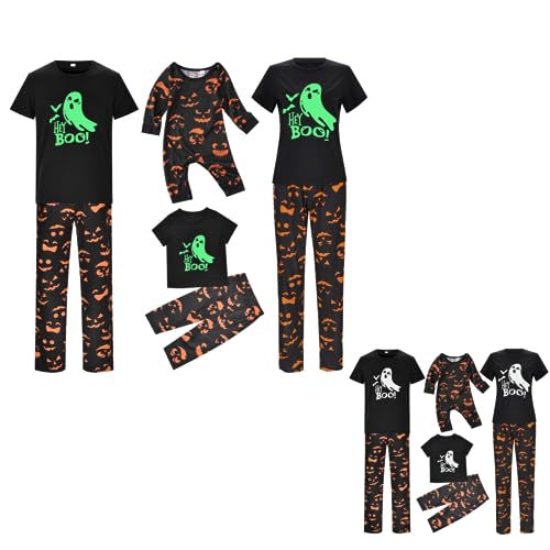 HERSIL Pyjama Familie Weihnachts Halloween Leuchtende Geist Glow in The Dark Nachtwäsche Outfits für Jungen Mädchen Familien-Schlafanzug Party Langarm Zweiteiliger Set Sleepwear Pyjama Set（Kids，SCH） von HERSIL