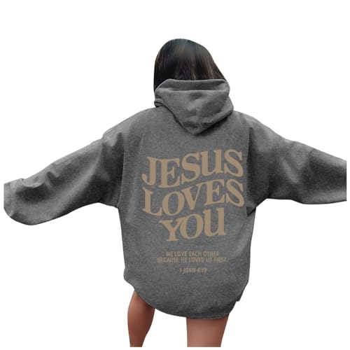 Jesus Loves You Hoodie Shirt Damen Sweatshirt Oversized Kapuzenpullover Langarm Hoodies Langarm Kleidung Tops Basic Shirt Sport Pullover Freizeit Pulli Einfarbig (BA-Dark Gray, S) von HERSIL