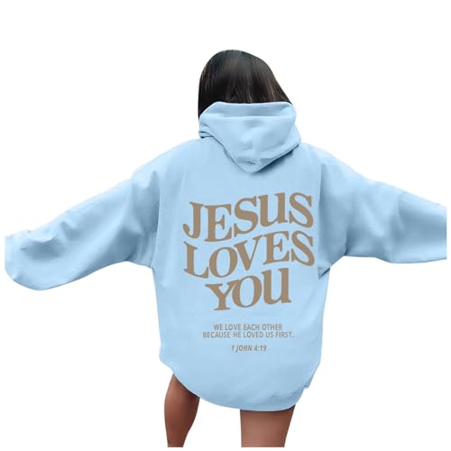 Jesus Loves You Hoodie Shirt Damen Sweatshirt Oversized Kapuzenpullover Langarm Hoodies Langarm Kleidung Tops Basic Shirt Sport Pullover Freizeit Pulli Einfarbig (BA-Light Blue, XXXL) von HERSIL