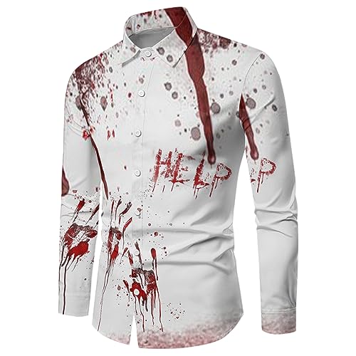 Männliches Halloween-Hemd mit Blut-Handabdruck, personalisierbar, personalisierbar, festliches, unheimliches, blutvernarbtes, langärmeliges Button-Down-Hemd Ärmelloses Hemd Herren Schwarz (White, XL) von HERSIL