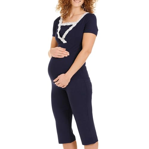 Herzmutter Stillpyjama-Umstandspyjama - Schlafanzug für Damen mit Spitze - Stillfunktion - Nachtwäsche für Schwangerschaft - Kurzarm - 2500 (L, Dunkelblau) von Herzmutter