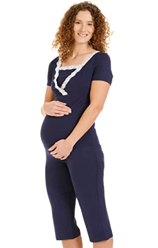 Herzmutter Stillpyjama-Umstandspyjama - Schlafanzug für Damen mit Spitze - Stillfunktion - Nachtwäsche für Schwangerschaft - Kurzarm - 2500 (M, Dunkelblau) von Herzmutter