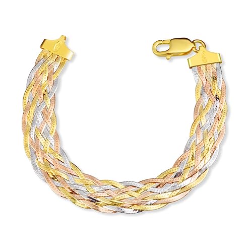 HESHS Armband Aus 925Er Sterlingsilber Für Damen Dreifarbig Vergoldete Geflochtene Fischgräten Armbänder Italien Dreifarbiger Achtadriger Silberfarbener Modischer Armreif,Tricolor,17.5cm von HESHS