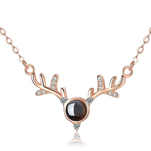 HESHS Wunderschöne Halskette für Damen Halskette aus 925er Sterlingsilber Nano Mikro Technologie Elchform 100 Sprachen Halskette I Love You Projektionsgeschenk Rose gold von HESHS