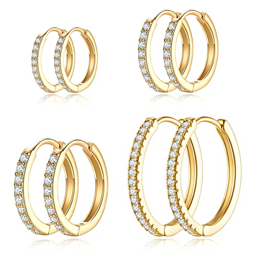 HESSAWELL Gold Hoop Ohrringe für Frauen Gold plattiert Cubic Zirkonia Hoop Ohrringe Set für Männer Lightweight Huggie Hoops Hypoallergenic Gold Ohrringe Set für Frauen Modeschmuck 4 Größen von HESSAWELL