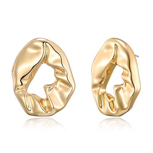 HESSAWELL Gold Tropfen Ohrringe - Geometrische Gehämmert Hoop für Frauen, Aussage Runde Ohrstecker, Vintage Baumeln Modeschmuck Statement Stud Earrings von HESSAWELL