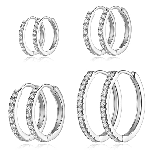 HESSAWELL Silber Hoop Ohrringe für Frauen Silber plattiert Cubic Zirkonia CZ Hoop Earrings Set Lightweight Huggie Hoops Hypoallergenic Silber Ohrringe Set für Frauen Mode Schmuck 4 Größen von HESSAWELL