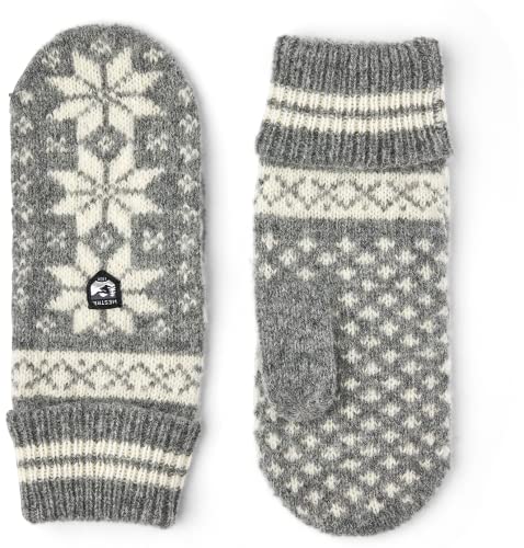 Hestra Unisex Isvik Wollhandschuh, gestrickte Fäustlinge mit Schneeflocken-Design, kaltes Wetter & Alltagskleidung für Damen und Herren, Grau/Offwhite, 7 von Hestra