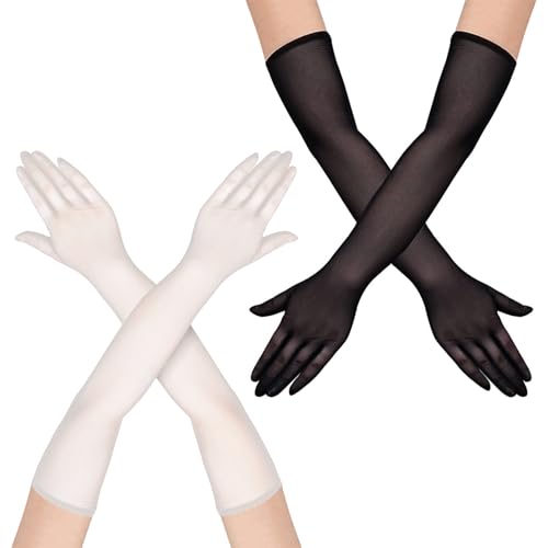 HESUSUSI 2 Stück Tüll Handschuhe Schwarz Lange Hochzeit Braut Damen Oper Lange Opern Party Mesh Nylon Handschuhe Lang Abendhandschuhe für Party（Schwarz + Weiß） von HESUSUSI