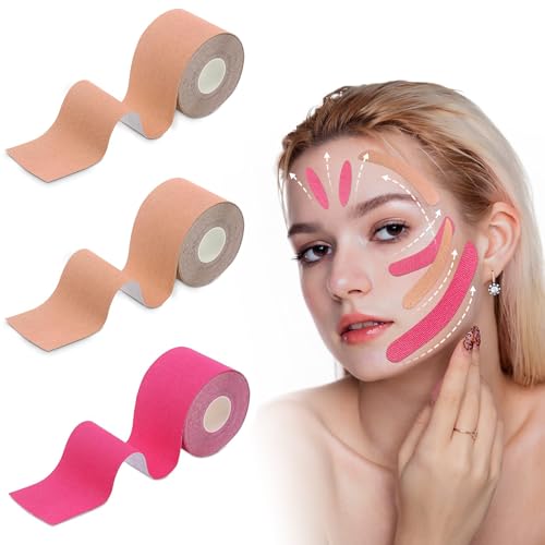 HESUSUSI Face Lifting Tape 3 Stück 2,5 cm * 5 m Rollen Kinesiotapes Myofasziales Gesichtstraffungsband Gesichtstape Gegen Falten Patch für Muskelstraffende Bänder Und Straffung der Gesichtshaut von HESUSUSI