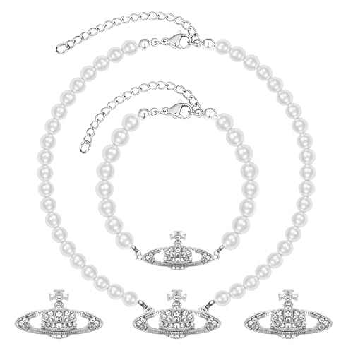 HESUSUSI Saturn Faux Perle Choker Halskette 3 Stück Perlen Saturn Kristall Strass Halskette Planet Perlenkette für Damen Planet Kette Perlenkette Mit Anhänger für Frau Freundin Tochter Mutter Geschenk von HESUSUSI