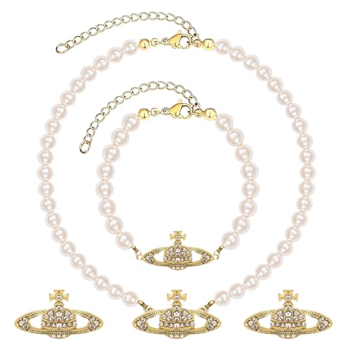 HESUSUSI Saturn Faux Perle Choker Halskette 3 Stück Planet Perlenkette für Damen Perlen Saturn Kristall Strass Halskette Planet Kette Perlenkette Mit Anhänger für Frau Freundin Tochter Mutter Geschenk von HESUSUSI