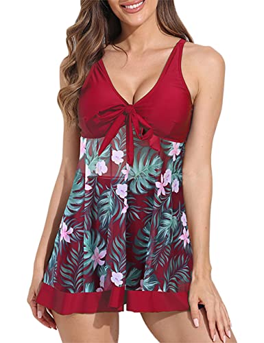 HESUUIO Dtankini Damen, Badeanzug Damen Tankini Damen bauchweg mit Shorts, Tankini Damen bauchweg große größen für Damen, Drucken Badeanzug Tank Top Bikini bademode Damen bauchweg, Rot S von HESUUIO