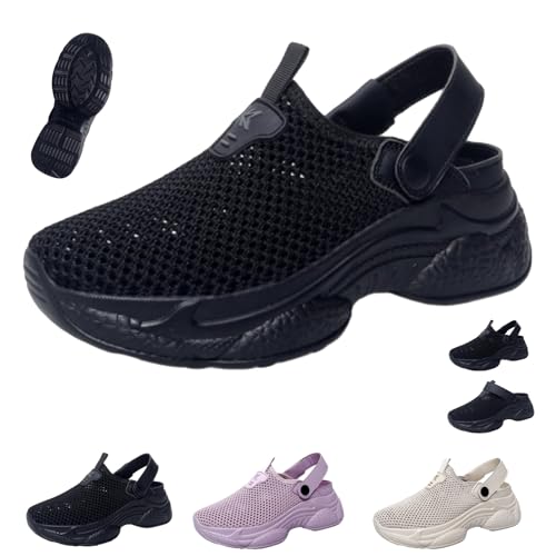 Atmungsaktive und rutschfeste orthopädische rückenfreie Sneaker, Slip-On Orthopädische Sandalen Leichte rutschfeste Plattform Pantoletten Weiche Sohle Hausschuhe, Schwarz , 44 EU von HESYSUAN