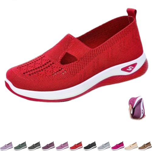 Beemoda Damen-Sneaker, atmungsaktiv, orthopädisch, zum Hineinschlüpfen, Orthowalkway Uplift-Schuhe, weich, leicht, gewebte Sneaker, rot, 46 EU von HESYSUAN