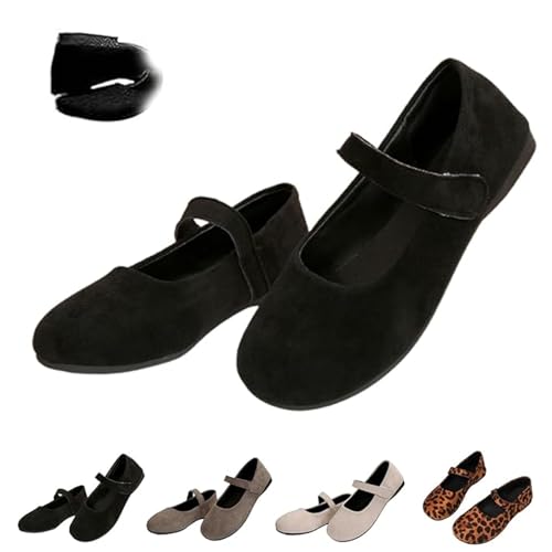 Damen Bequeme flache Schuhe Orthopädische Wildleder Ballett Mary Jane Flats Bequeme Runde Zehen Flache Slip On Freizeitschuhe, Schwarz , 39 EU von HESYSUAN