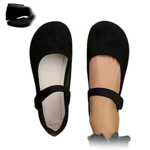 Damen Bequeme flache Schuhe Orthopädische Wildleder Ballett Mary Jane Flats Bequeme Runde Zehen Flache Slip On Freizeitschuhe, Schwarz-weißes Futter, 36.5 EU von HESYSUAN