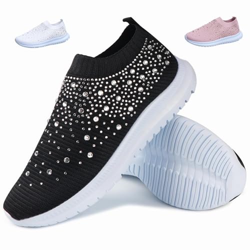 Damen Crystal Breathable Orthopädische Slip on Walking Schuhe Orthopädische Sneakers Strass Schuhe Sparkly Turnschuhe Glitzer Sneaker, Schwarz , 39 EU von HESYSUAN