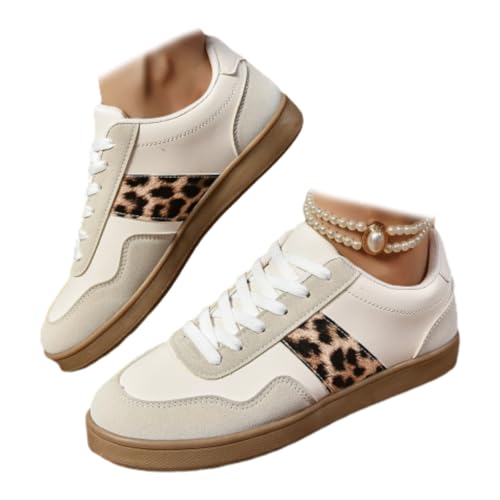 Damen Kontrast Runde Zehe Plateau Sneaker Leichte Low Top Lace Up Trainingsschuhe Bequeme rutschfeste Sportschuhe Sneaker, K03 Beige Leopard, 42.5 EU von HESYSUAN